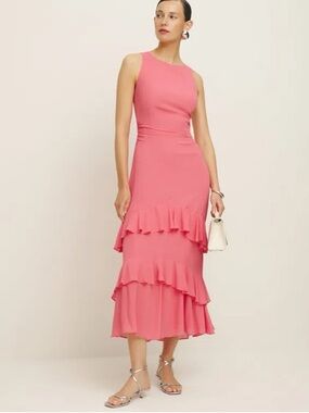 Reformation Magnus Dress Snapdragon Pink Ruched Ruffle Hem Midi Size 6